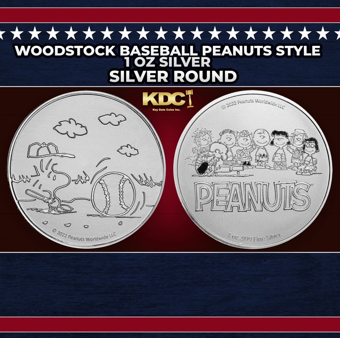 Woodstock Baseball Peanuts Style - 1 oz Silver Round Round: Woodstock Baseball Peanuts Style - 1 oz Silver Round. Now you can collect all of the classic Peanuts characters on these officially licensed silver rounds! Contains 1oz of .999 Fine Silver.