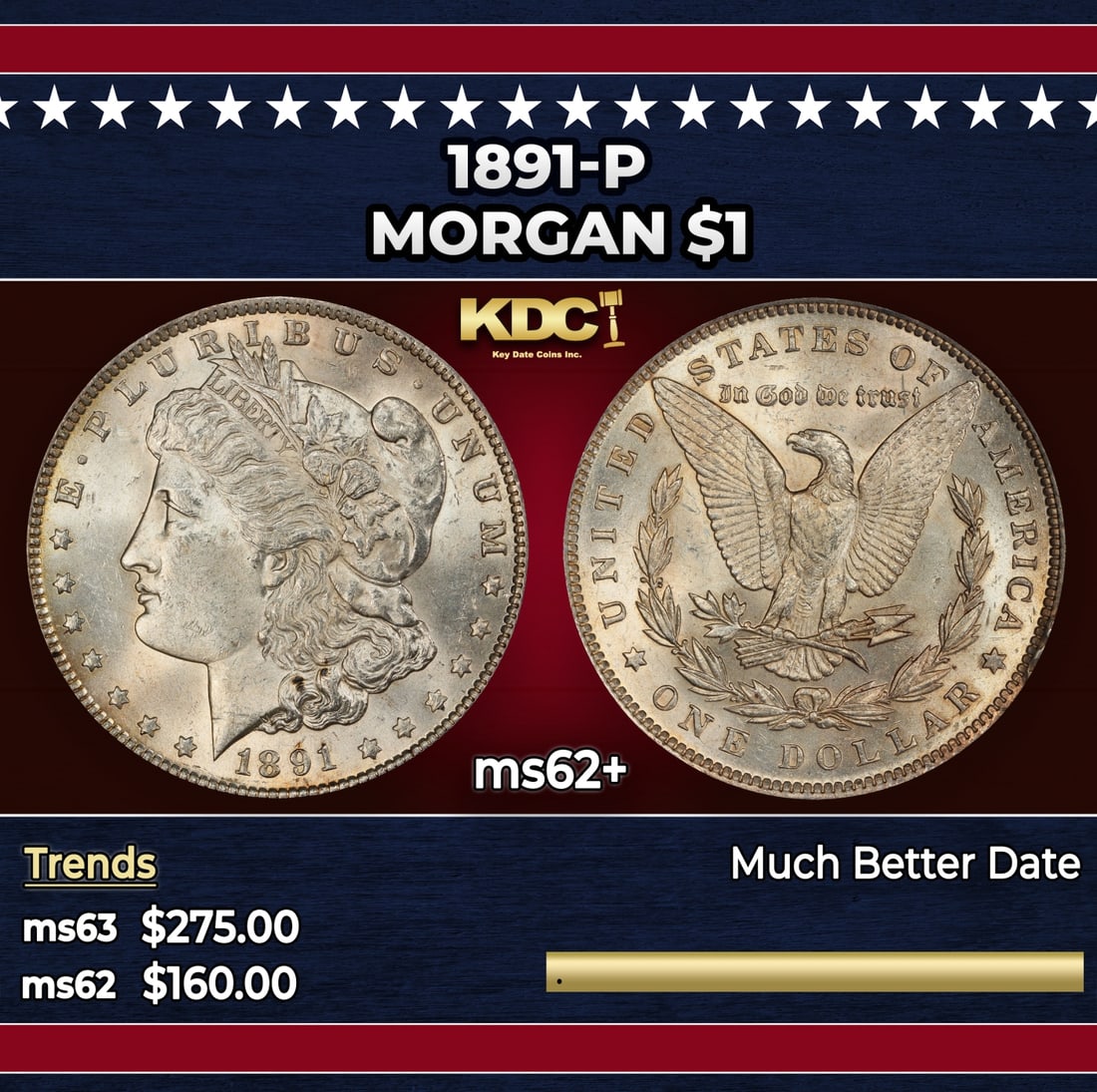 1891-p Morgan Dollar $1 Grades ms62+ (1 of 3)