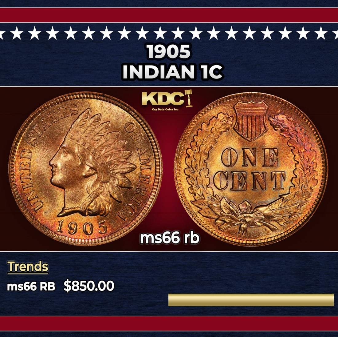 1905 Indian Cent 1c Grades ms66 rb: 1905 Indian Cent 1c Grades ms66 rb. Historic precious metal trends is causing increased spot pricing by the day. On auctions with set openings, we are doing our best to have items priced at their mark