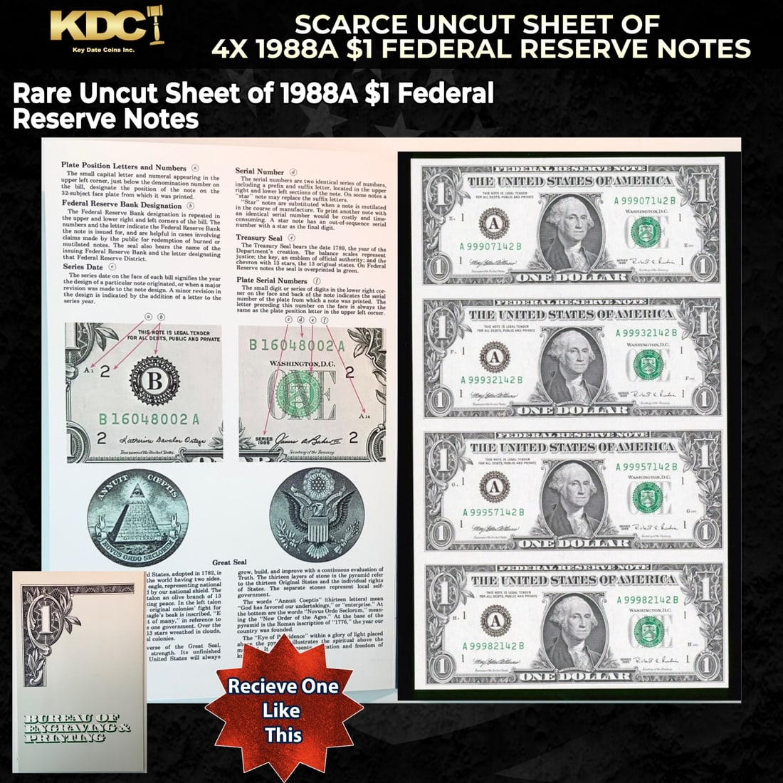 Scarce Uncut Sheet of 4x 1995 $1 Federal Reserve Notes In BeP Folder: Scarce Uncut Sheet of 4x 1995 $1 Federal Reserve Notes In BeP Folder. Historic precious metal trends is causing increased spot pricing by the day. On auctions with set openings, we are doing our best 