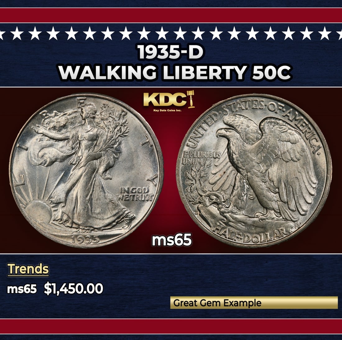 1935-d Walking Liberty Half Dollar 50c ms65 SEGS: 1935-d Walking Liberty Half Dollar 50c ms65 SEGS. Historic precious metal trends is causing increased spot pricing by the day. On auctions with set openings, we are doing our best to have items priced