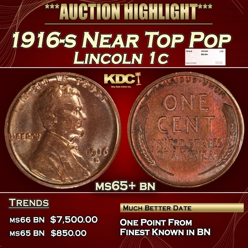 1916-s Lincoln Cent Near Top Pop 1c ms65+ bn SEGS: 1916-s Near Top Pop Lincoln Cent 1c ms65+ bn SEGS. 0