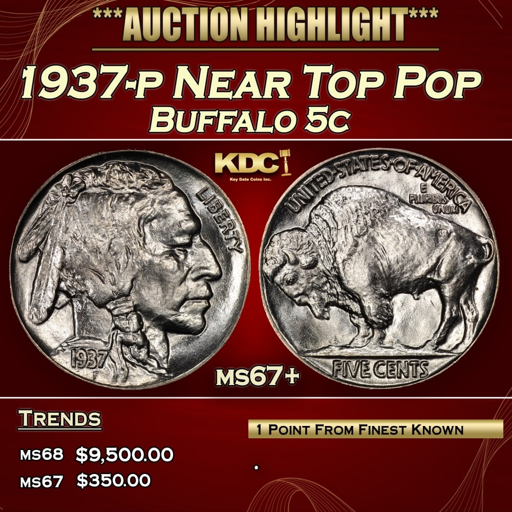 1937-p Buffalo Nickel Near Top Pop 5c ms67+ SEGS: 1937-p Near Top Pop Buffalo Nickel 5c ms67+ SEGS.