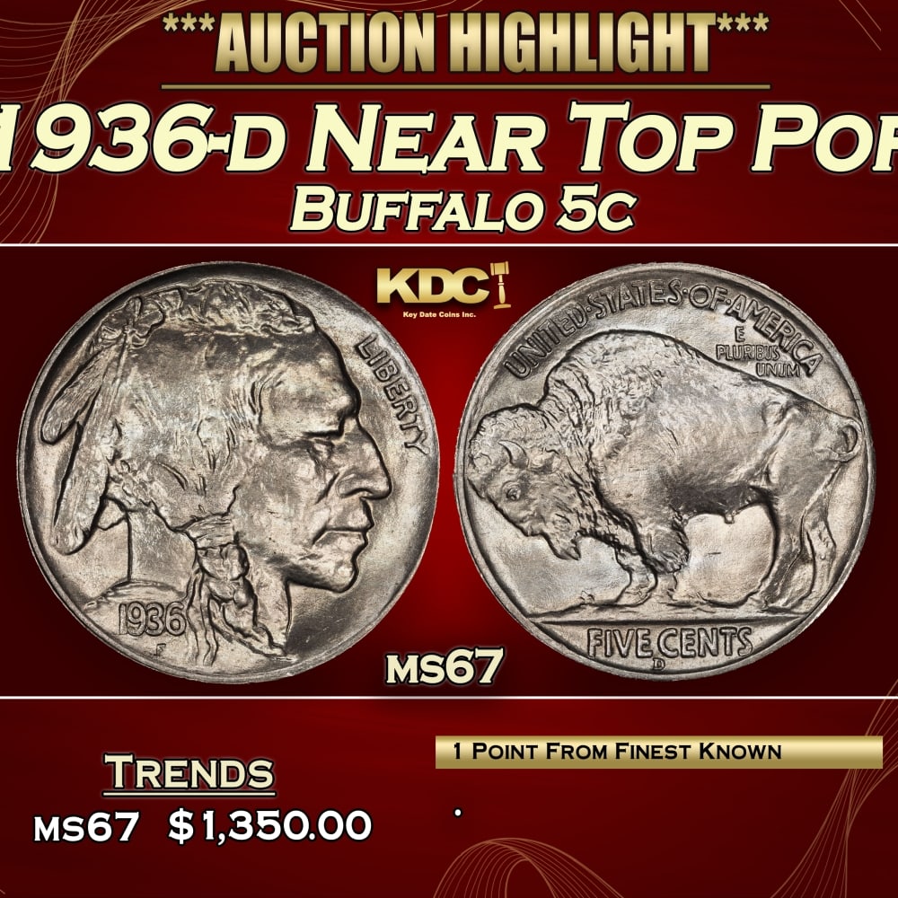 1936-d Buffalo Nickel Near Top Pop 5c ms67 SEGS: 1936-d Near Top Pop Buffalo Nickel 5c ms67 SEGS. 0