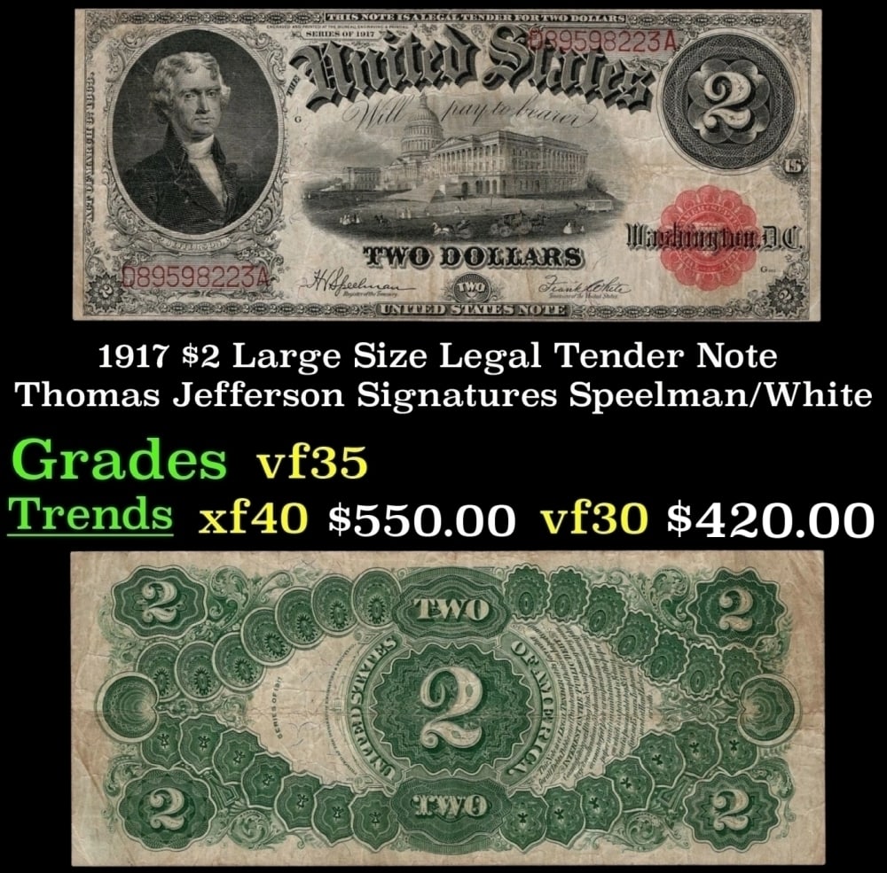 1917 $2 Large Size Legal Tender Note Thomas Jefferson Grades vf++ Signatures Speelman/White (1 of 3)
