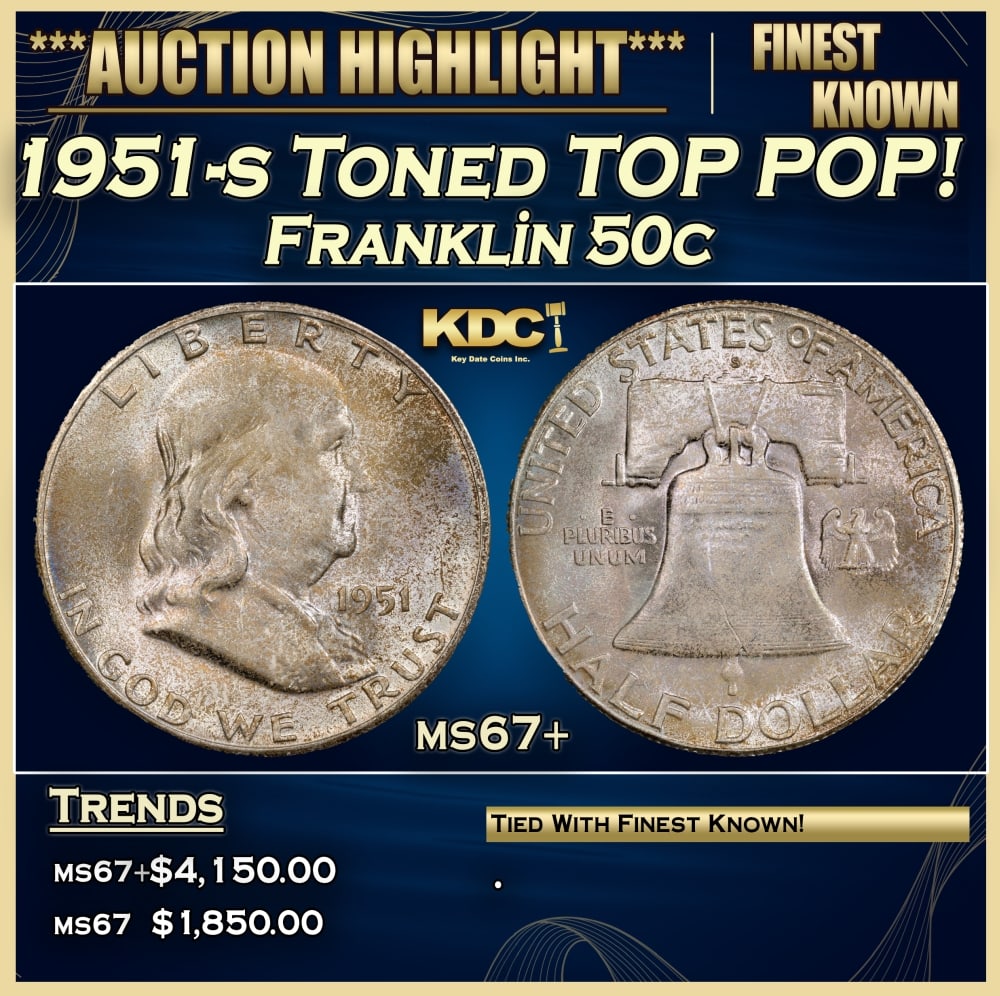 1951-s Franklin Half Dollar Toned TOP POP! 50c ms67+ SEGS: 1951-s Toned TOP POP! Franklin Half Dollar 50c ms67+ SEGS. 0