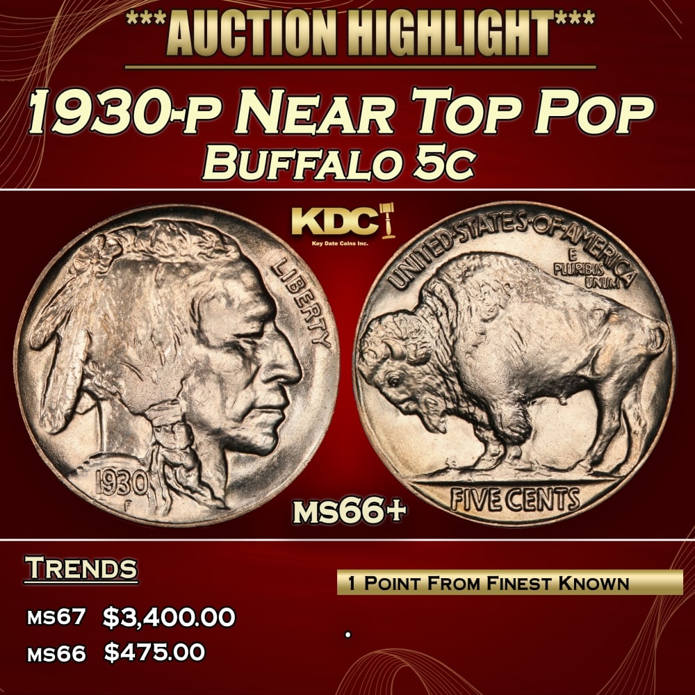1930-p Buffalo Nickel Near Top Pop 5c ms66+ SEGS: 1930-p Near Top Pop Buffalo Nickel 5c ms66+ SEGS.