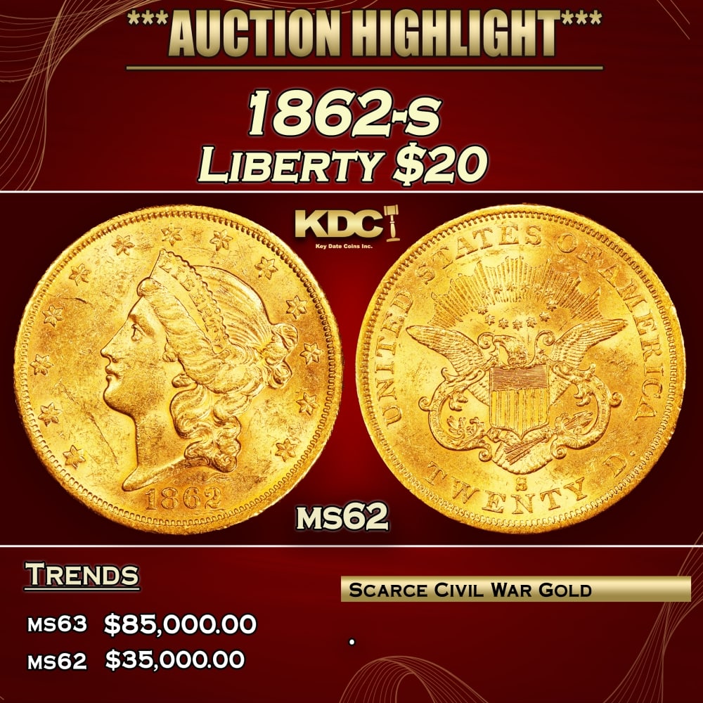 1862-s Gold Liberty Double Eagle $20 ms62 USCG (1 of 3)