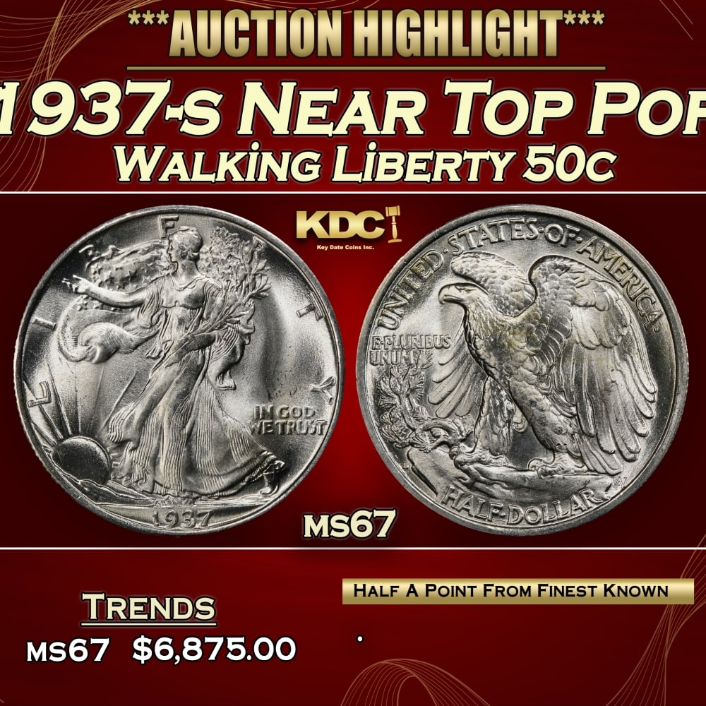 1937-s Walking Liberty Half Dollar Near Top Pop 50c ms67 SEGS: 1937-s Near Top Pop Walking Liberty Half Dollar 50c ms67 SEGS. 0