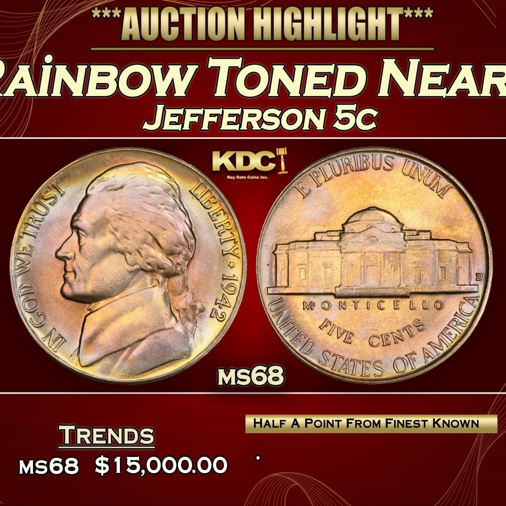 1942-d Jefferson Nickel Rainbow Toned Near Top Pop 5c ms68 SEGS: 1942-d Rainbow Toned Near Top Pop Jefferson Nickel 5c ms68 SEGS. 0