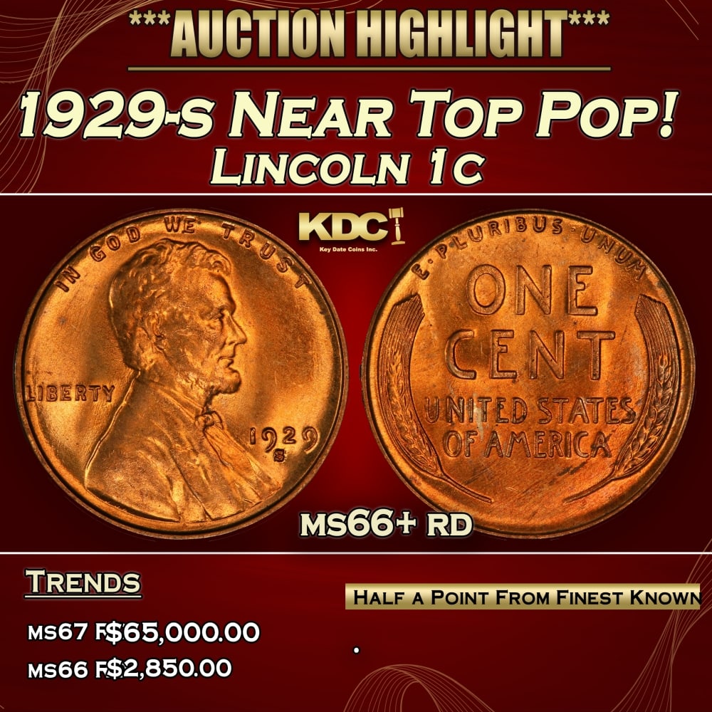 1929-s Lincoln Cent Near Top Pop! 1c ms66+ rd SEGS (1 of 3)