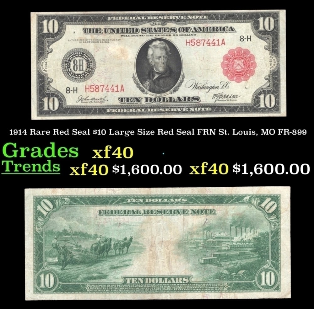 1914 $10 Large Size Red Seal FRN Rare Red Seal St. Louis, MO Grades xf FR-899 (1 of 3)