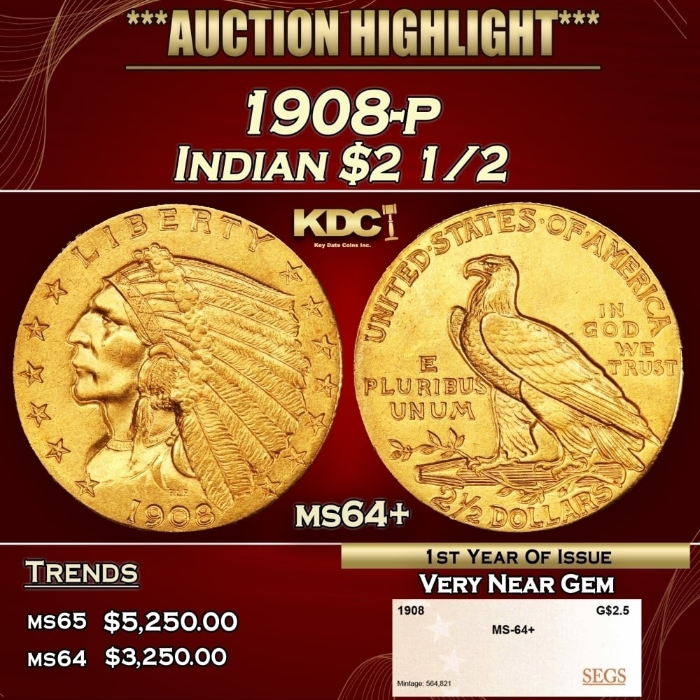 1908-p Gold Indian Quarter Eagle $2 1/2 ms64+ SEGS: 1908-p Gold Indian Quarter Eagle $2 1/2 ms64+ SEGS. Historic precious metal trends is causing increased spot pricing by the day. On auctions with set openings, we are doing our best to have items pric