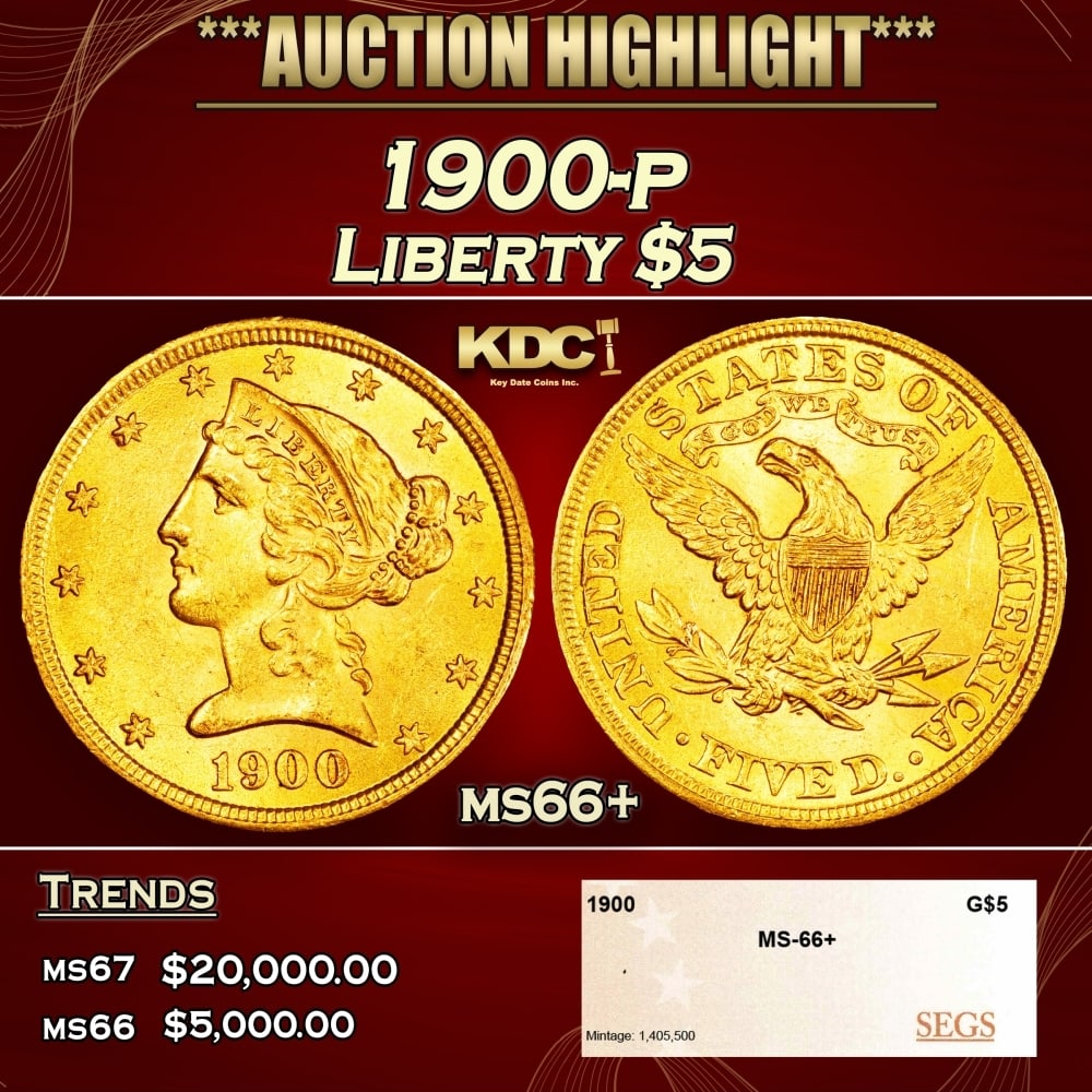 1900-p Gold Liberty Half Eagle $5 ms66+ SEGS (1 of 4)