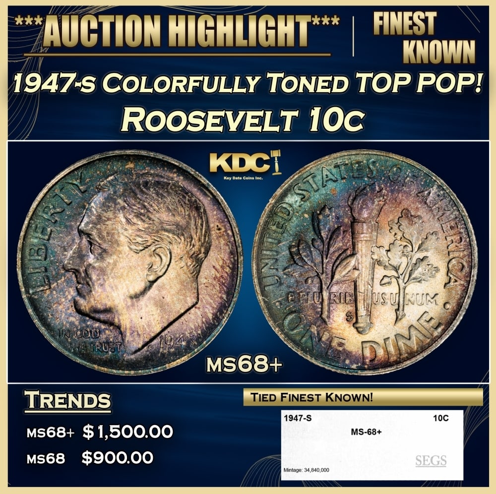 1947-s Roosevelt Dime Colorfully Toned TOP POP! 10c ms68+ SEGS: 1947-s Colorfully Toned TOP POP! Roosevelt Dime 10c ms68+ SEGS. 0