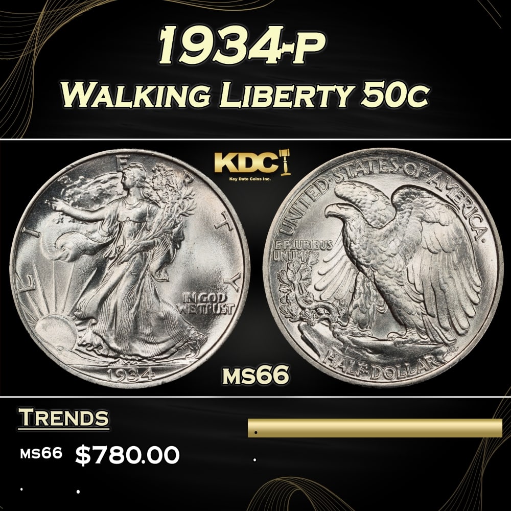 1934-p Walking Liberty Half Dollar 50c Grades ms66 (1 of 3)
