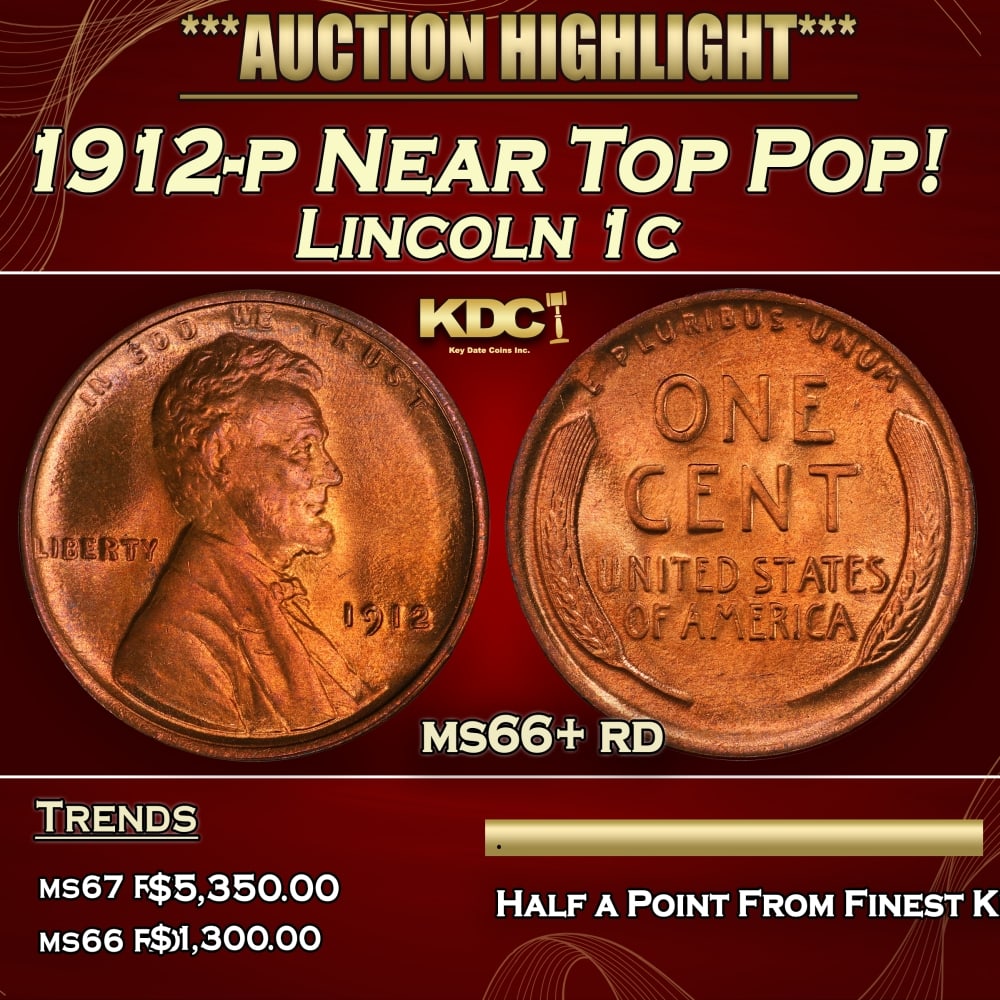 1912-p Lincoln Cent Near Top Pop! 1c ms66+ rd SEGS: 1912-p Near Top Pop! Lincoln Cent 1c ms66+ rd SEGS. 0