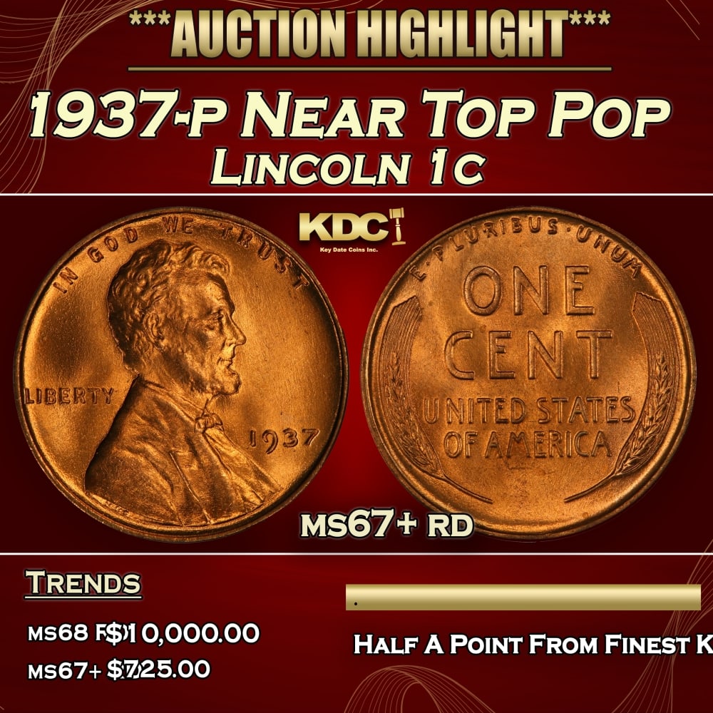1937-p Lincoln Cent Near Top Pop 1c ms67+ rd SEGS: 1937-p Near Top Pop Lincoln Cent 1c ms67+ rd SEGS. 0