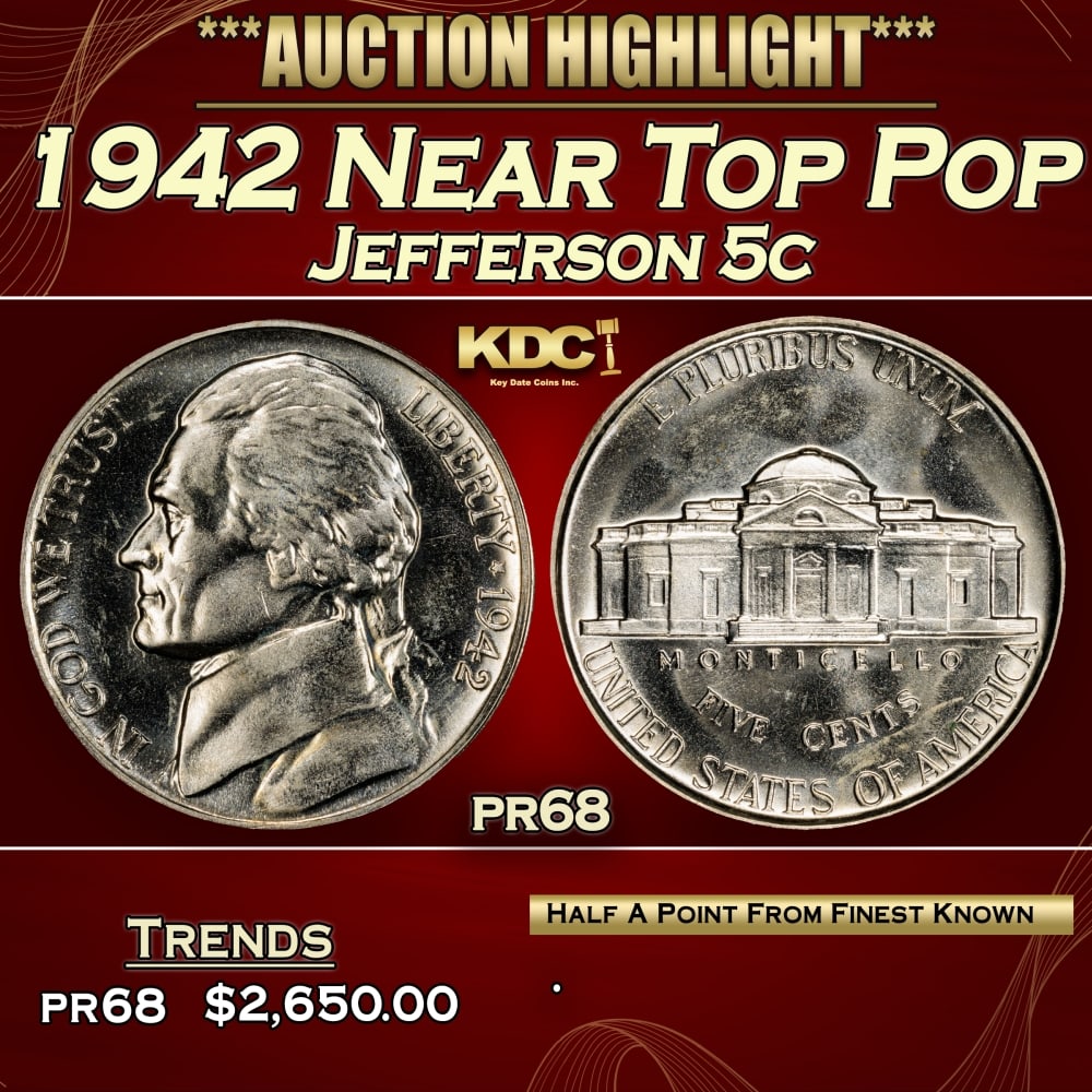 1942 Proof Jefferson Nickel Near Top Pop 5c pr68 SEGS: 1942 Near Top Pop Jefferson Nickel 5c pr68 SEGS. 0