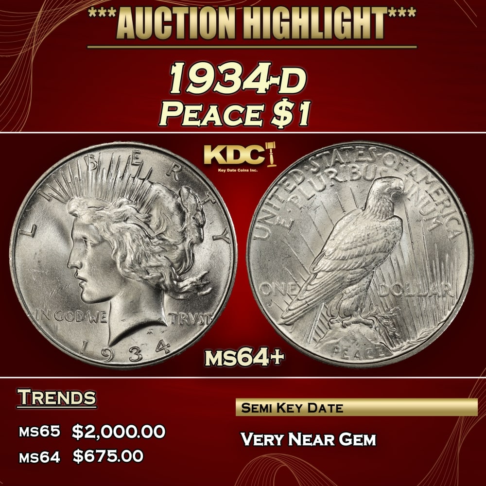 1934-d Peace Dollar $1 ms64+ SEGS: 1934-d Peace Dollar $1 ms64+ SEGS. 0