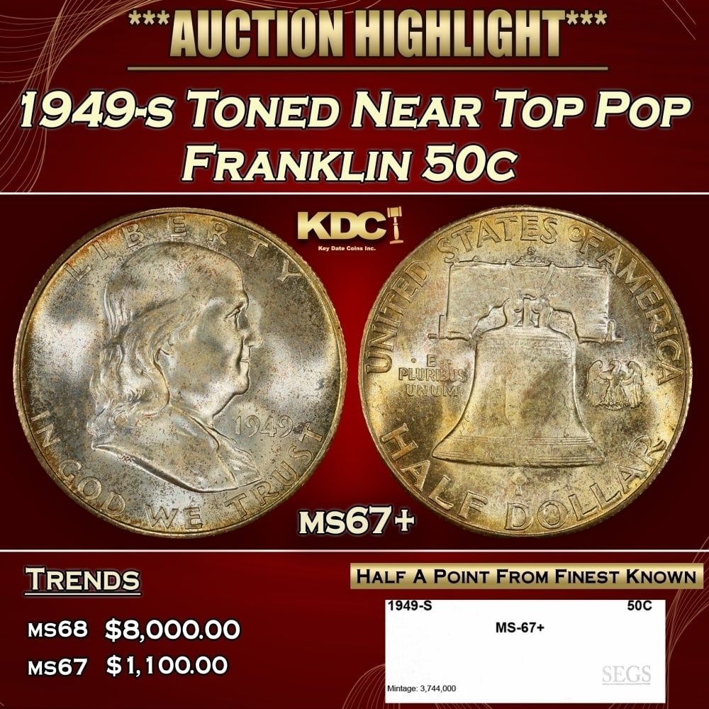 1949-s Franklin Half Dollar Toned Near Top Pop 50c ms67+ SEGS: 1949-s Toned Near Top Pop Franklin Half Dollar 50c ms67+ SEGS. 0