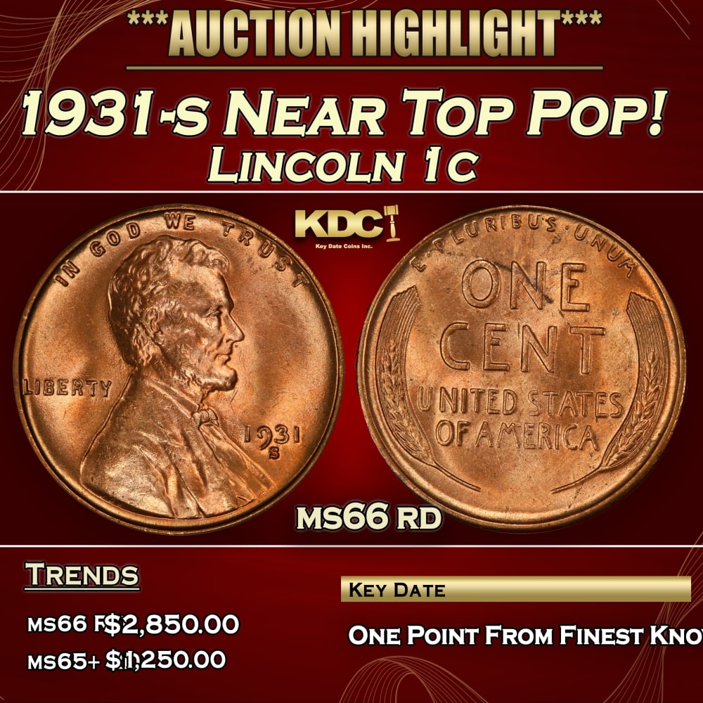 1931-s Lincoln Cent Near Top Pop! 1c ms66 rd SEGS: 1931-s Near Top Pop! Lincoln Cent 1c ms66 rd SEGS. Incredibly scarce, Semi Key date. 0