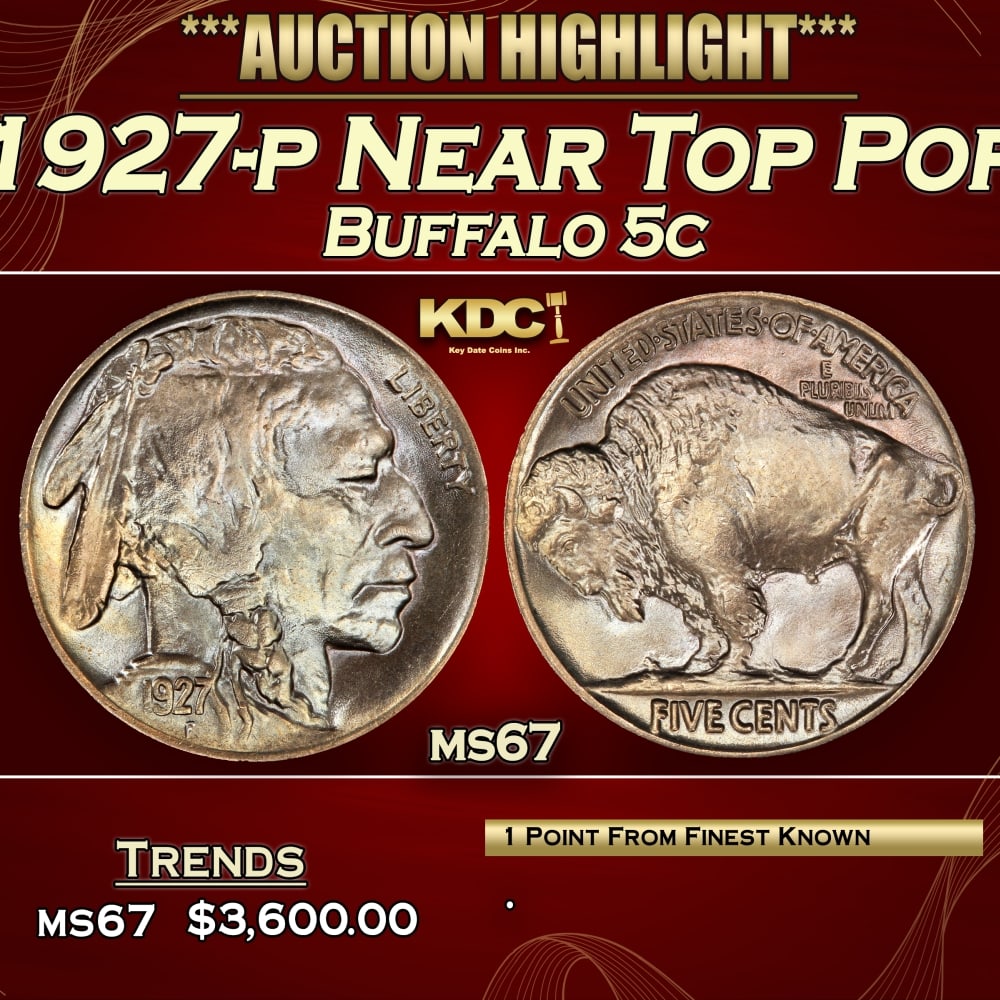 1927-p Buffalo Nickel Near Top Pop 5c ms67 SEGS: 1927-p Near Top Pop Buffalo Nickel 5c ms67 SEGS.