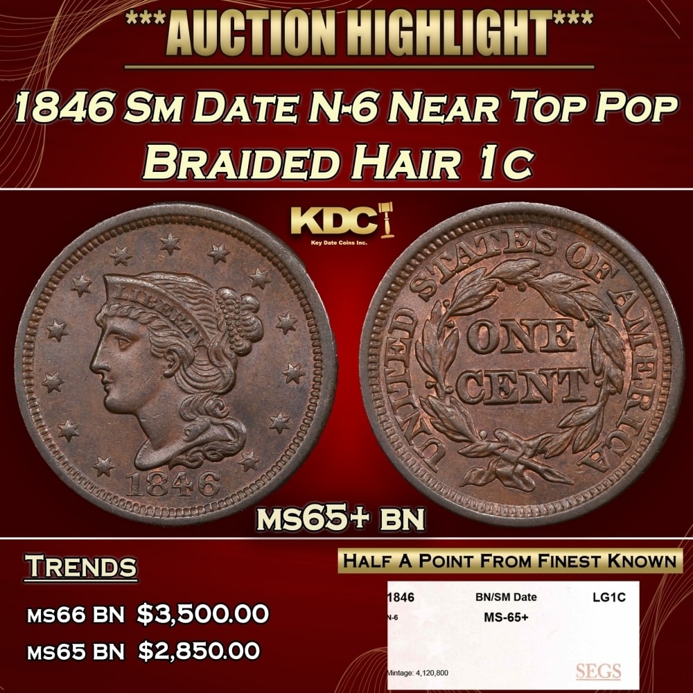 1846 Sm Date N-6 Braided Hair Large Cent Near Top Pop 1c ms65+ bn SEGS (1 of 4)