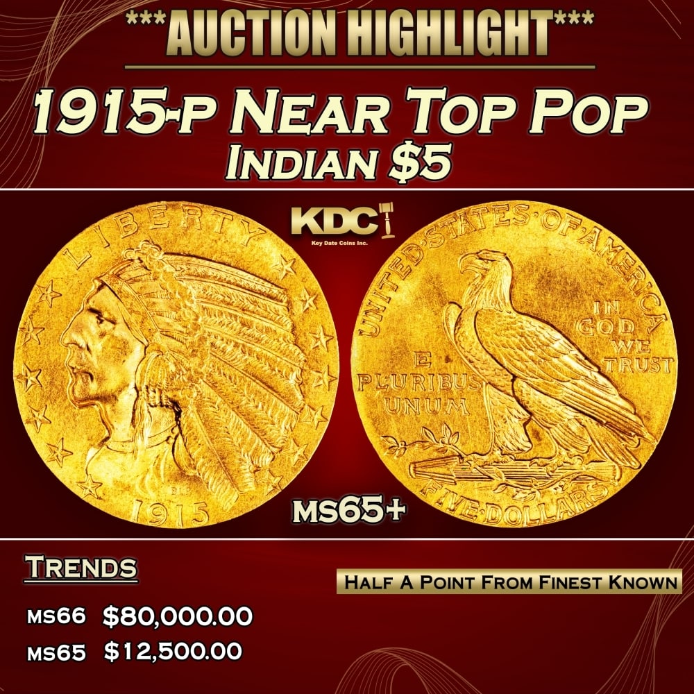 1915-p Gold Indian Half Eagle Near Top Pop $5 ms65+ USCG (1 of 3)
