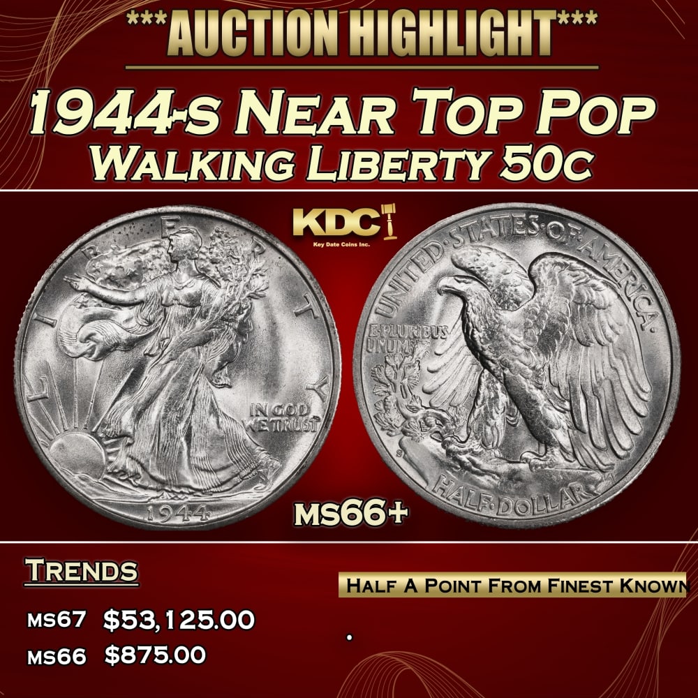1944-s Walking Liberty Half Dollar Near Top Pop 50c ms66+ SEGS: 1944-s Near Top Pop Walking Liberty Half Dollar 50c ms66+ SEGS.