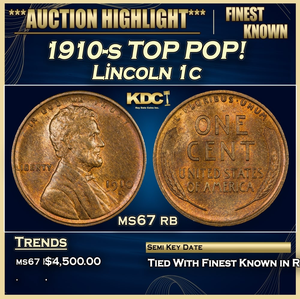 1910-s Lincoln Cent TOP POP! 1c ms67 rb SEGS: 1910-s TOP POP! Lincoln Cent 1c ms67 rb SEGS. Semi Key Date. Per David Hall of PCGS "The 1910-s has long been considered a semi-key date in circulated grades" 0