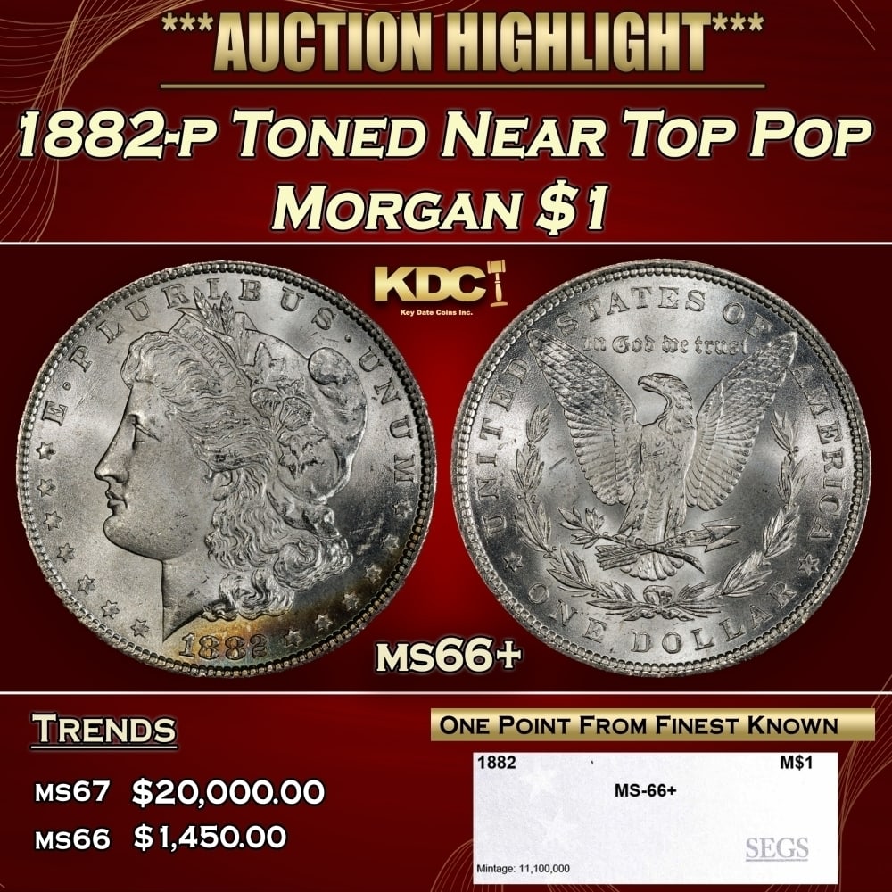 1882-p Morgan Dollar Toned Near Top Pop $1 ms66+ SEGS: 1882-p Toned Near Top Pop Morgan Dollar $1 ms66+ SEGS. 0