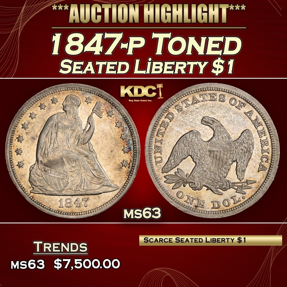 1847-p Seated Liberty Dollar Toned $1 ms63 USCG (1 of 3)