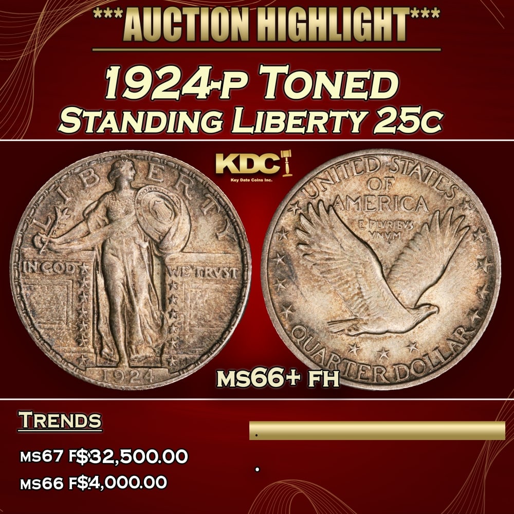 1924-p Standing Liberty Quarter Toned 25c ms66+ fh SEGS: 1924-p Toned Standing Liberty Quarter 25c ms66+ fh SEGS. 0