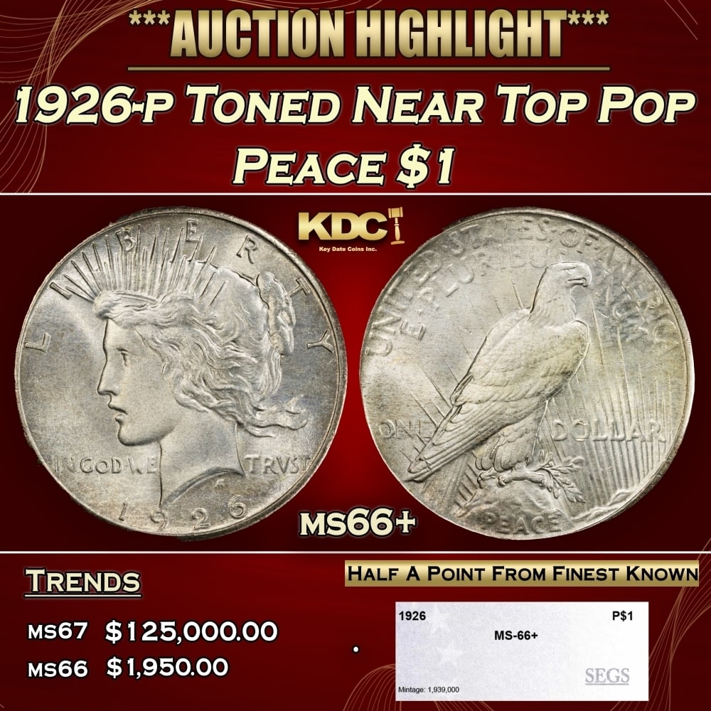 1926-p Peace Dollar Toned Near Top Pop $1 ms66+ SEGS: 1926-p Toned Near Top Pop Peace Dollar $1 ms66+ SEGS. 0