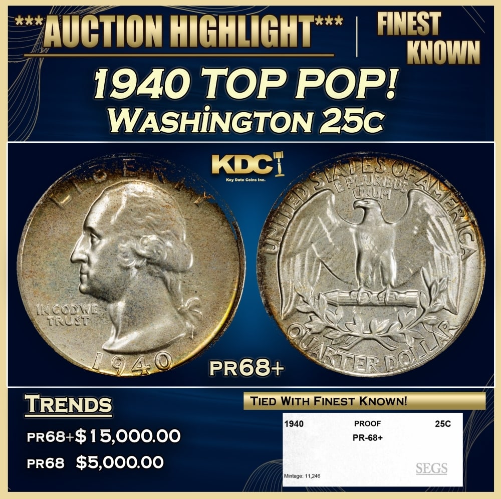1940 Proof Washington Quarter TOP POP! 25c pr68+ SEGS: 1940 TOP POP! Washington Quarter 25c pr68+ SEGS. 0