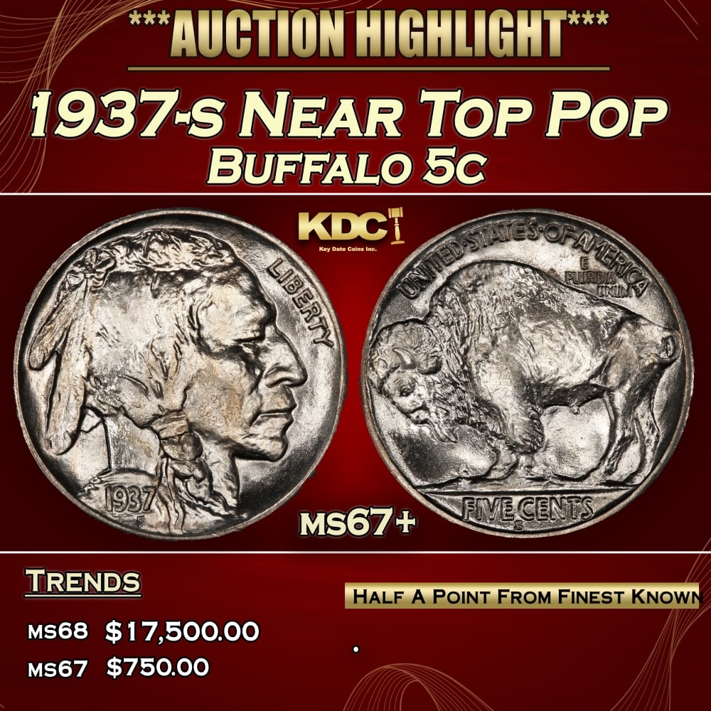 1937-s Buffalo Nickel Near Top Pop 5c ms67+ SEGS: 1937-s Near Top Pop Buffalo Nickel 5c ms67+ SEGS. 0