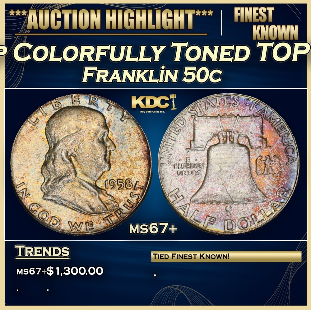 1958-p Franklin Half Dollar Colorfully Toned TOP POP! 50c ms67+ SEGS (1 of 3)