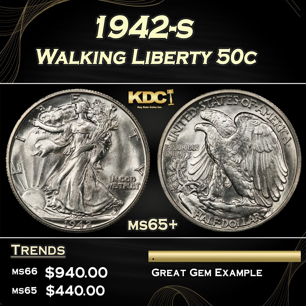 1942-s Walking Liberty Half Dollar 50c Grades ms65+: 1942-s Walking Liberty Half Dollar 50c Grades ms65+.
