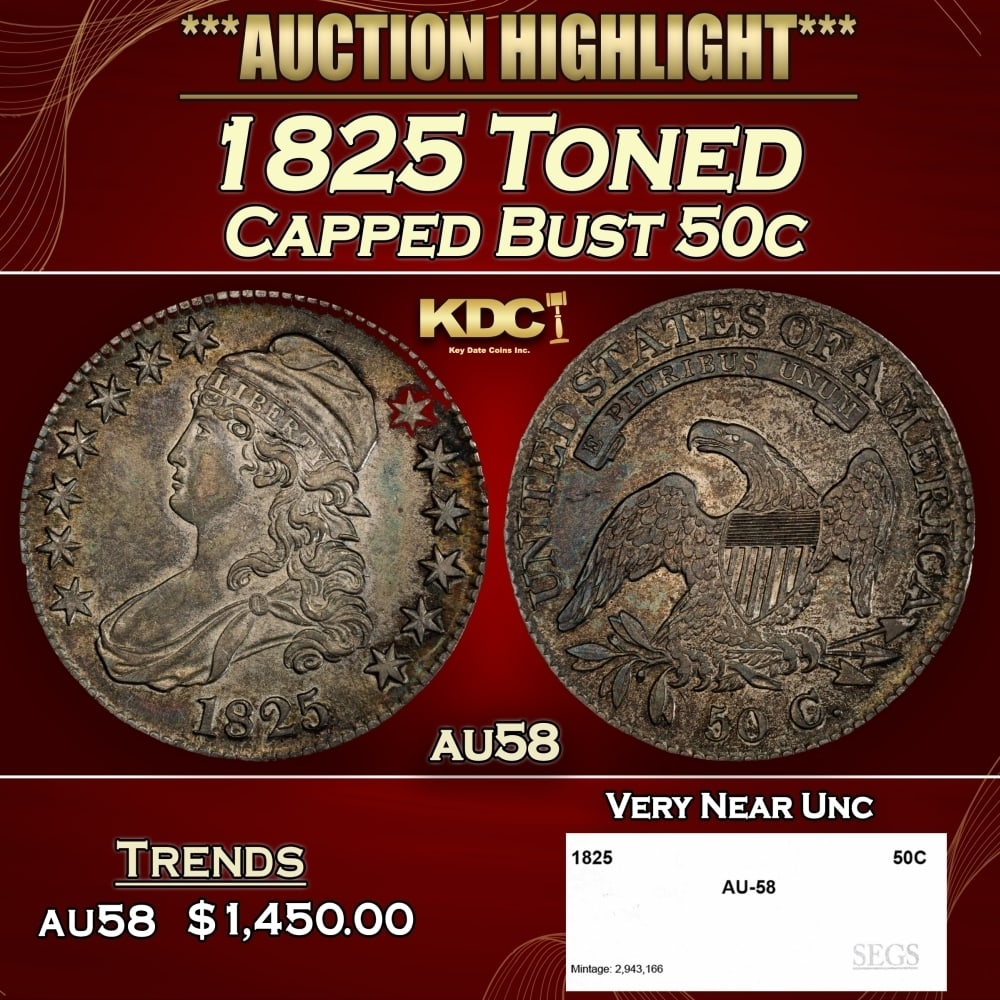 1825 Capped Bust Half Dollar Toned 50c au58 SEGS (1 of 4)
