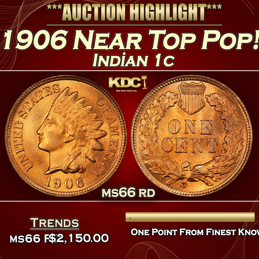 1906 Indian Cent Near Top Pop! 1c ms66 rd SEGS: 1906 Near Top Pop! Indian Cent 1c ms66 rd SEGS. 0