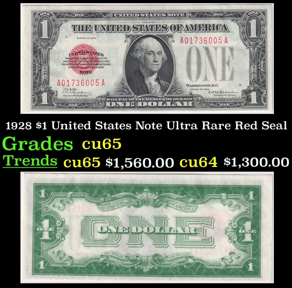 1928 $1 United States Note Ultra Rare Red Seal Grades Gem CU: 1928 $1 United States Note Ultra Rare Red Seal Grades Gem CU. FR-1500 1928 is the only year for which you can find a small size one dollar bill that has a red seal. The red seal denotes that the dolla