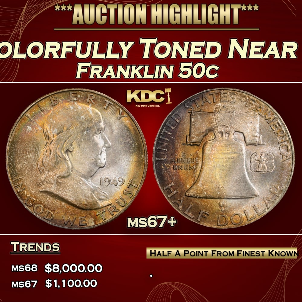 1949-s Franklin Half Dollar Colorfully Toned Near Top Pop 50c ms67+ SEGS (1 of 3)