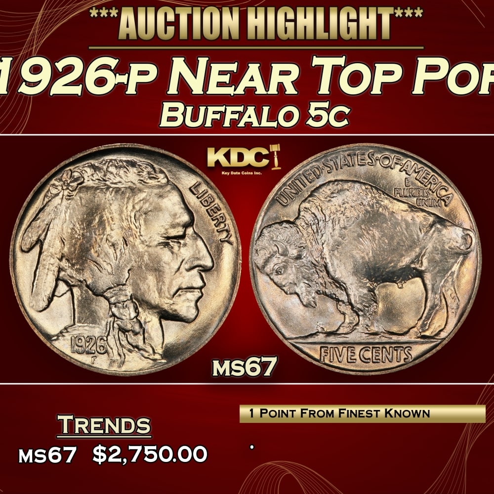 1926-p Buffalo Nickel Near Top Pop 5c ms67 SEGS: 1926-p Near Top Pop Buffalo Nickel 5c ms67 SEGS. 0