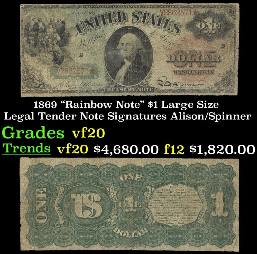 1869 $1 Large Size Legal Tender Note "Rainbow Note" Grades vf, very fine Signatures Alison/Spinner: 1869 $1 Large Size Legal Tender Note "Rainbow Note" Grades vf, very fine Signatures Alison/Spinner. FR-18 One of the most coveted and sought-after currency pieces in American history is this 1869 Lega