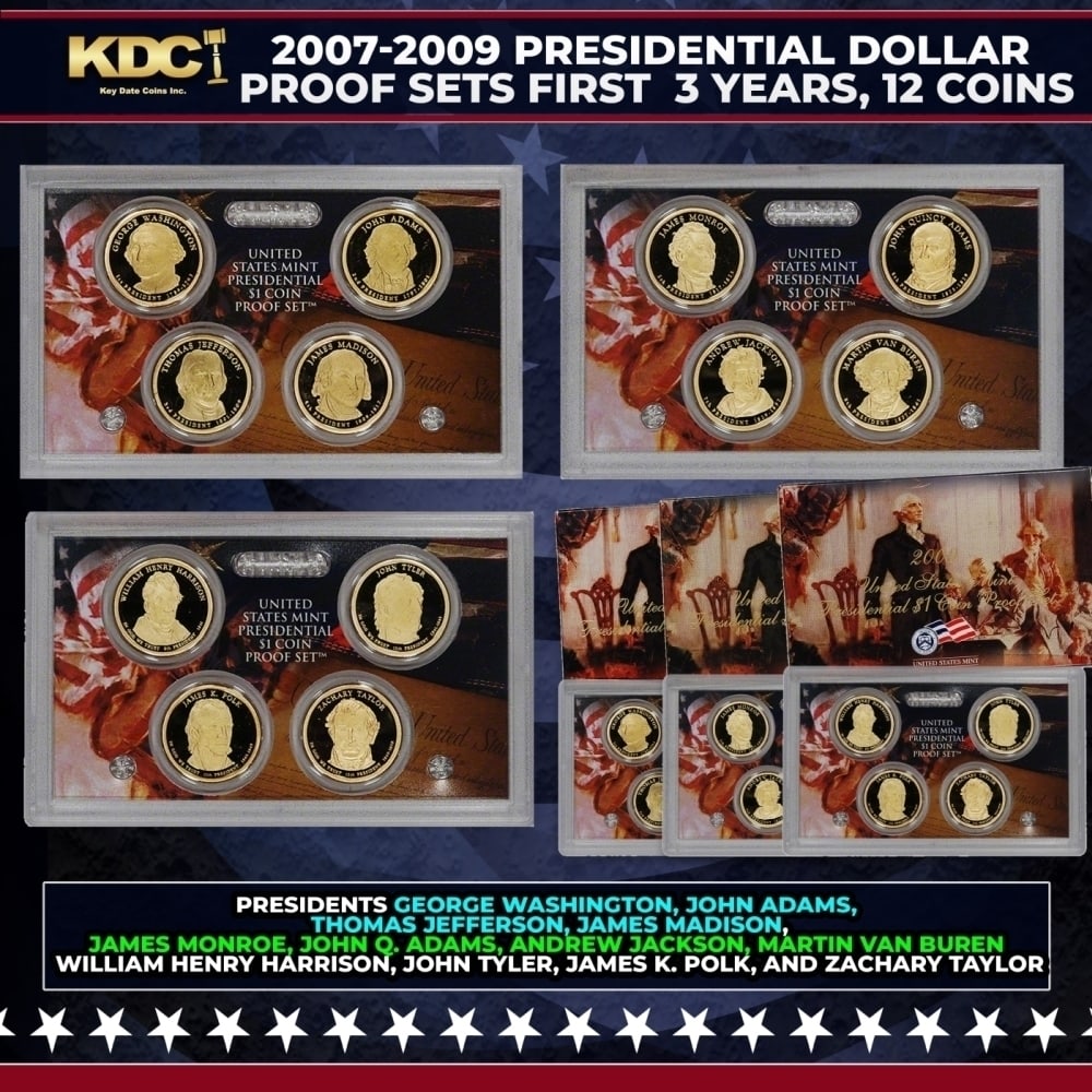 2007-2009 Presidential Dollar Proof Sets First 3 Years, 12 Coins In Original Government Packaging: 2007-2009 Presidential Dollar Proof Sets First 3 Years, 12 Coins In Original Government Packaging. Own the very first Presidential dollar Proofs ? in their official U.S. Mint display holder! With this