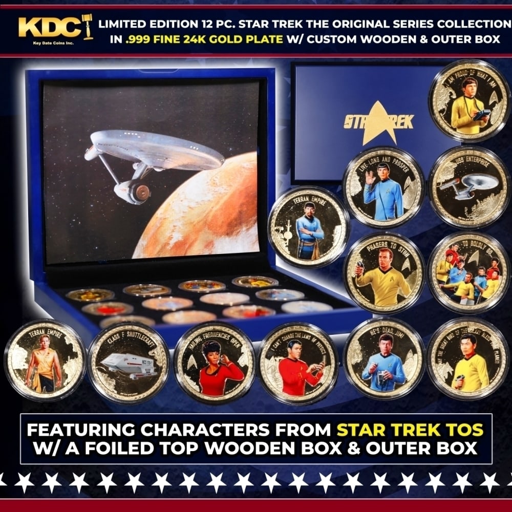 Limited Edition 12 Coin Star Trek The Original Series A Gold Plated Collection In Custom WOODEN Box: Limited Edition 12 Coin Star Trek The Original Series A Gold Plated Collection In Custom WOODEN Box W/ Special Backer card. Please Note All Backer Cards may have slight differences but will be very si