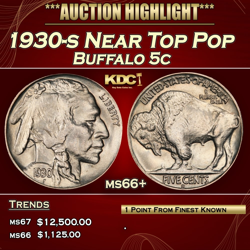 1930-s Buffalo Nickel Near Top Pop 5c ms66+ SEGS: 1930-s Near Top Pop Buffalo Nickel 5c ms66+ SEGS.
