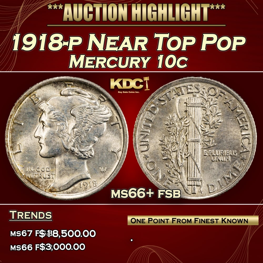 1918-p Mercury Dime Near Top Pop 10c ms66+ fsb SEGS (1 of 3)