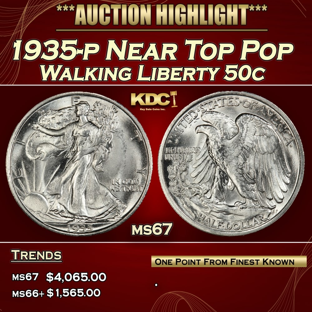 1935-p Walking Liberty Half Dollar Near Top Pop 50c ms67 SEGS: 1935-p Near Top Pop Walking Liberty Half Dollar 50c ms67 SEGS.